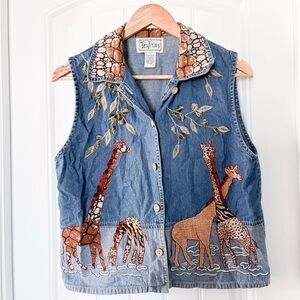 Tan Trums Denim Safari Animal Print Embroidered Giraffe Zebra Vest Women Large
